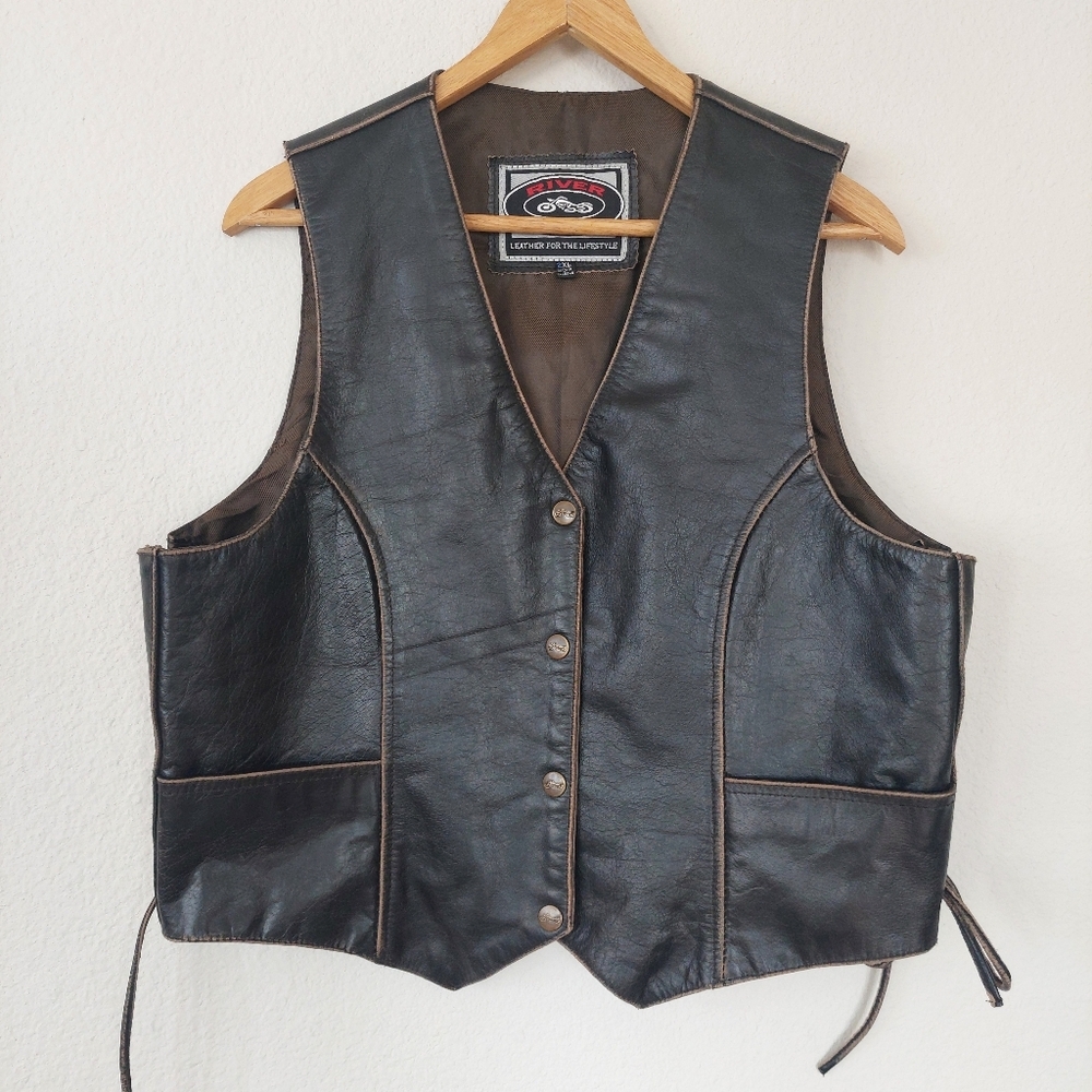 Vintage‎ River Road Leather Biker Vest Size 2XL